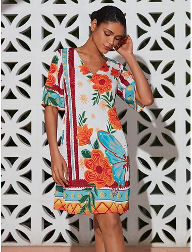  virágmintás v-nyakú, félujjú nyári ruha, narancssárga virágmintás lezser nyaralós tengerparti szett elegáns stílusú mini ruha