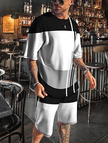  Herren T-Shirt Anzüge 2-teiliges Outfit T-Shirt und Shorts Kurzarm Rundhalsausschnitt Sommer Farbblock Mode Lässig 2 teilig Urlaub Alltagskleidung Ausgehen Weiß Blau Dunkelblau Top T-Shirt für Herren