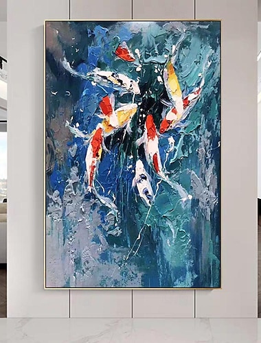  Mintura handgefertigte Ölgemälde mit Koi-Karpfen auf Leinwand, Wandkunst, Dekoration, modernes abstraktes Fisch- und Tierbild für die Inneneinrichtung, gerolltes, rahmenloses, ungedehntes Gemälde