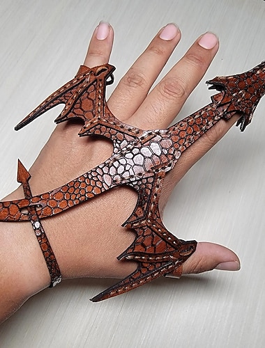  bracelet dragon à main en cuir - marionnette à main en cuir tanné végétal avec texture en écailles, ajustement réglable pour poignets de 5"-6,5" - accessoire unique pour passionné de dragon
