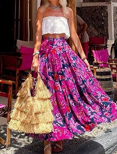  Women's Skirt A Line Swing Maxi Skirts Print Floral Holiday Vacation Summer Polyester Casual Boho Fuchsia