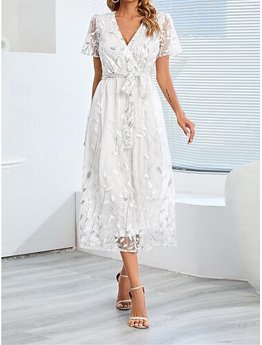  Damen Weißes Kleid Midikleid mit Schnürung Spitze Verabredung Urlaub Strassenmode Brautkleider schlicht V Ausschnitt Kurzarm Weiß Rosa Rote Farbe