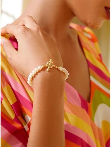  Mulheres Pulseiras em Correntes e Ligações Dourado Latão Pérola Elegante Moda