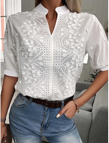  Chemise Chemise en dentelle Chemisier Hauts habillés Femme Blanche Plein Broderie Anglaise Plein Air du quotidien basique Moderne Col V Standard S