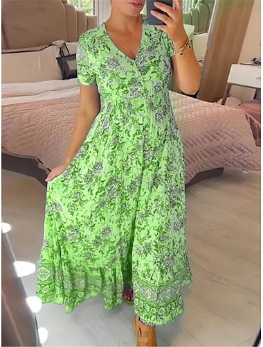  Mulheres Vestido Longo Vestido Maxi Vestido casual Vestido Swing Vestido A Line Vestido de verão à moda Casual Férias Diário Normal Floral Manga Curta Decote V Rosa Verde Azul Claro Verão