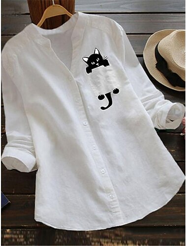  Damen Hemd Bluse Baumwoll-Leinen-Hemden Katze Basic Modern V Ausschnitt Täglich Druck Weiß Gelb Armeegrün Rote Sommer