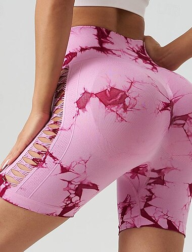  Damen Jogginghose Jogger Trainingsshorts Yogahose Ausgeschnitten Gerippt Leichtgewichtig Hoher Taillenbund Yoga Fitness Fitnesstraining Kurze Hose Batik Rosa + Red Schwarz Fuchsie Herbst Sport