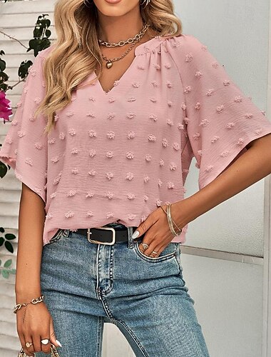  Damen Bluse elegant Tops Basic einfarbig Spitze 3/4 Ärmel V-Ausschnitt Alltag rosa blau grün beige Sommer