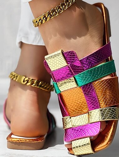  sandales à lanières métalliques colorées pour femmes – chaussures plates à enfiler à imprimé serpent vibrant pour l'été décontracté et les festivals