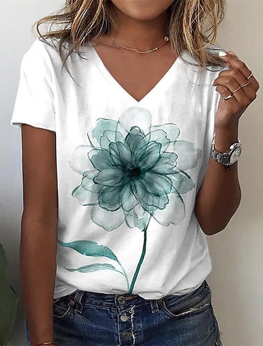  Dames T-shirt Bloemig Paardebloem Modieus Korte mouw V-hals Normale tops Vakantie Weekend Afdrukken Wit blauw Paars Groen Zomer