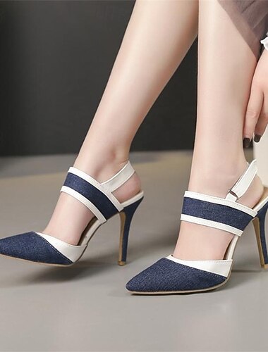 Damen Heels täglich Sommer Stiletto spitze Zehen Mode Denim Magic Tape schwarz dunkelblau hellblau