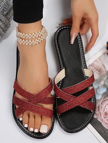  női papucs bling bling kültéri papucs strandpapucs kültéri lapos sarkú nyitott orr séta ezüst vörös arany