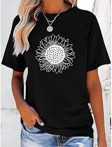  Women's T Shirt Sunflower Casual Short Sleeve Crew Neck Regular Tops Daily Print Black Pink Green Summer