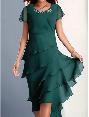  Dame Chiffonkjoler Midikjole Chiffon Drapering Flerlags Bryllupsgæst Cocktailparty Elegant Formelt Rund hals Kortærmet Vin Blå Kamel Farve