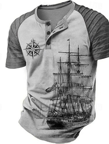  Herren Schiff Seeräuber T Shirt Kurzarm 3D-Druck Retro Vintage Gothic Party Strasse Sommer Frühling Blau Braun Grau Henley-Kragen Henley T-Shirt