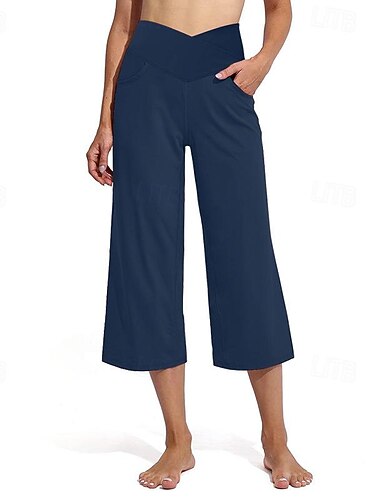  Women's Capri Pants Flares Pocket High Waist Pilates Gym Workout Workout Capri Pants Solid Color Black Burgundy Dark Navy Sports Activewear Stretchy Loose Fit