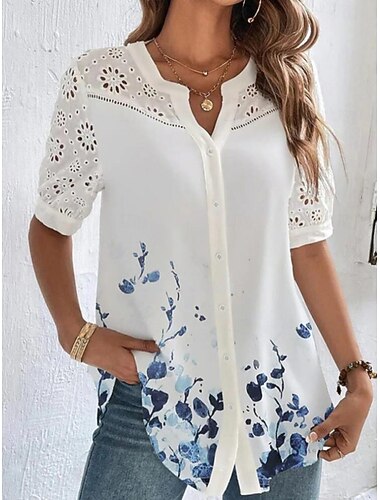  Camisa de mujer blusa elegante tops casuales florales botones recortes estampado manga corta tops regulares cuello en v vacaciones diario negro rosa azul azul claro verano