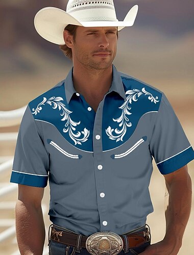  Herren Hemd Westernhemd Cowboy-Shirt Kurzarm westlicher Stil Stamm Sommer Frühling Hemdkragen Gelb Grün Khaki Dunkelblau