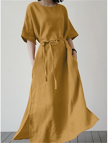  Women's Black Yellow Blue Summer Spring Maxi Dress Linen-Inspired Dresses Black Dress Casual Dress Basic Modern Daily Weekend Loose Fit Plain Crew Neck