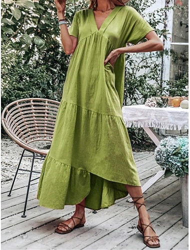  Damen Blau Himmelblau Grün Sommer Frühling Maxikleid Baumwoll-Leinen-Kleider Freizeitkleid Basic Modern Täglich Wochenende Lässiger Schnitt Einfach V Ausschnitt