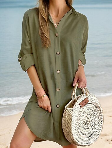  Women's Mini Dress Linen-Inspired Dresses White Dress Shirt Dress Casual Holiday Beach Regular Fit Plain Long Sleeve Lapel Black White Pink Blue Summer Fall