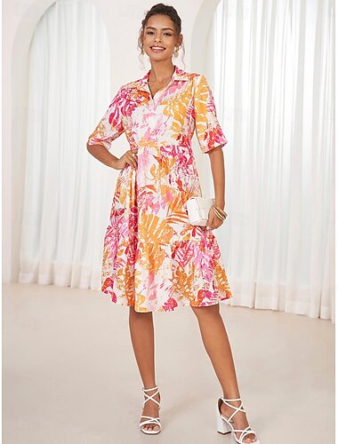  Women's Floral Lapel Midi Dress Short Sleeve Summer