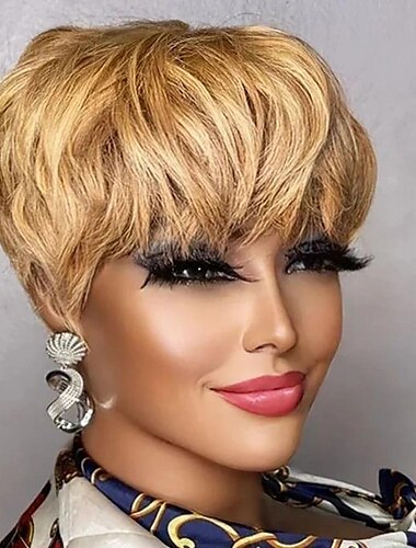  braune kurze Pixie-Cut-Perücke aus Echthaar für schwarze Frauen, maschinengefertigte Perücken mit Pony, farbige, klebefreie Perücke aus Echthaar