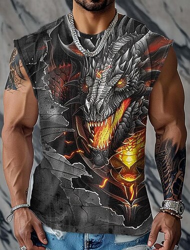  男性用 ドラゴン ベストトップ ノースリーブ Tシャツ 3Dプリント クルーネック シャツ スポーツ レトリ／ヴィンテージ ゴシック パーティー ストリート カジュアル ブラック 夏 春 衣類 S M L XL XXL XXXL