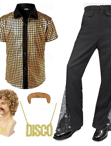  Camisas de discoteca de los años 70 para hombre, camisas de manga corta con botones de lentejuelas metálicas, traje retro vintage de los años 70, fiesta, escenario, halloween