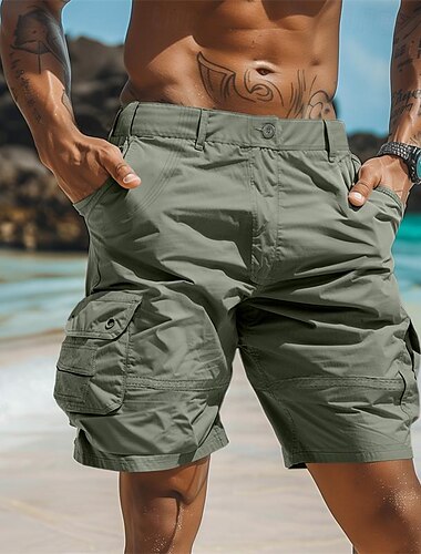  Herr Cargo-shorts Shorts Casual shorts Knappar Flera fickor Slät Komfort Mjuk Knelängd Utomhus Dagligen Strand Mode Streetwear ArmyGreen Svart Microelastisk