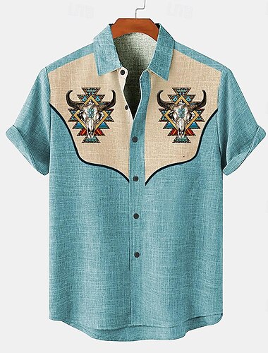  Voor heren Overhemd linnen overhemd retro-overhemden Vintage overhemd Etnisch shirt Westers Werk Causaal blauw Groen khaki Korte mouw Strijkijzer Zomer Lente Kleding