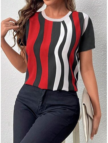  Damen T-Shirt modisch gestreift abstrakter Druck Kurzarm normale Oberteile Rundhalsausschnitt Alltag Wochenende weiß rot orange grün Sommer