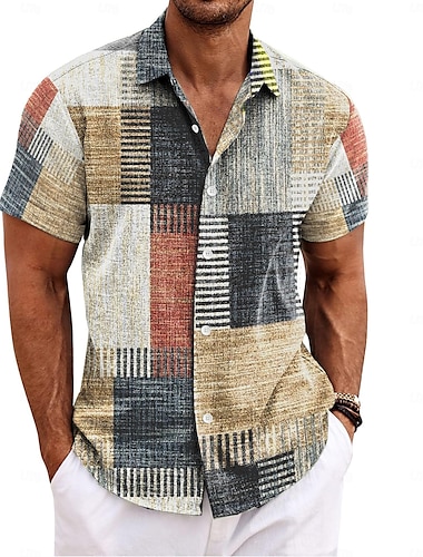  Voor heren Overhemd linnen overhemd retro-overhemden Vintage overhemd Etnisch shirt Geruit geruit Buiten Huis blauw khaki Grijs Korte mouw Strijkijzer Zomer Kleding