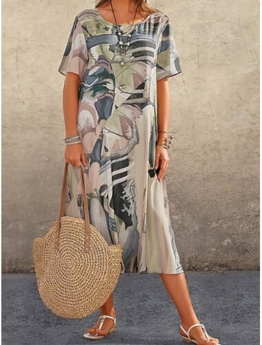  Women's Abstract Print Crew Neck Midi Dress Casual Daily Short Sleeve Summer