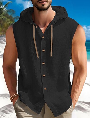  Herren Hemd Sommerhemd Strandbekleidung Knopfhemd Glatt Urlaub Curise Schwarz Weiß Blau Khaki Ärmellos Mit Kapuze Sommer Frühling Bekleidung