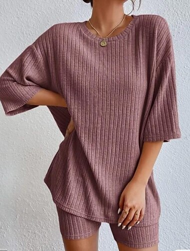  einstellen Damen Armeegrün Rote Beige Glatt 2 teilig Strasse Täglich Modisch Rundhalsausschnitt Regular Fit S