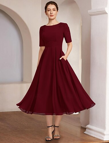  A-Linie Brautmutterkleid Strandhochzeit Formal Eleganter Bateau-Ausschnitt Tee-Länge Chiffon Halbarm mit Spitze 2025 kostenlose Maßanfertigung
