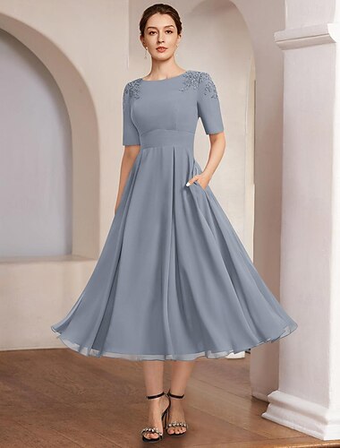  A-Lijn Trouwe Moeder Jurk Strand Bruiloft Formele Elegante Bateau Hals Thee Lengte Chiffon Halve Mouw met Kant 2025 gratis op maat