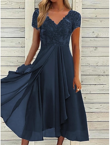  Damen Midikleid mit V-Ausschnitt, Spitzendetail, kurze Ärmel, Chiffon, fließend, blau, elegant, für Abendpartys, Hochzeitsgäste, Frühling, Sommer, Herbst, vielseitige Größen