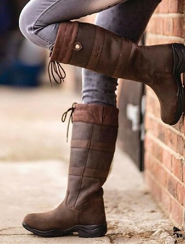  Botas de montar de piel sintética marrón para mujer con cordón ajustable: botas ecuestres altas para exteriores para invierno y uso informal