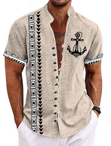  Herren Nautisch Hemd Knopfhemd Kurzarm Brautkleider schlicht Stamm Täglich Hawaiianisch Sommer Frühling Stehkragen Opa Kragen Knopf Bedruckt Gelb Grün Khaki Beige