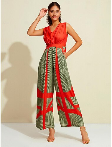  satijnen gestreepte mouwloze jumpsuit met v-hals