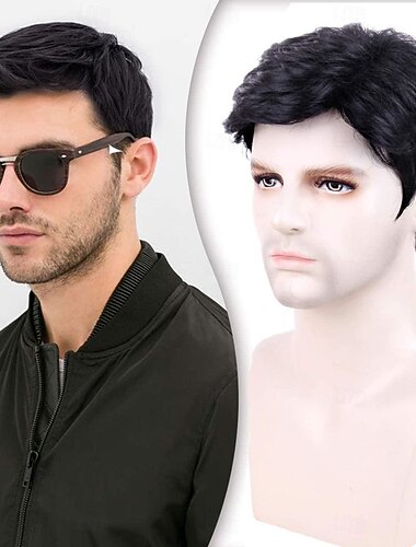  男性用ウィッグ ショートヘア、男性用ヘア交換ウィッグ、男性用黒ウィッグ、男性用フルウィッグ、男性用普段使い