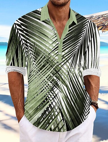  Bărbați Frunza de palmier Plante tropicale Cămașă hawaiană Cămașă Aloha Manșon Lung Cămașă Guler de stand Hawaiană Stațiune În aer liber Vacanță Petrecere Galben Albastru piscină Trifoi S M L