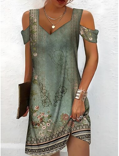  Dames Halflange jurk T shirt jurk Zonnejurk Hemdjurk Zomerjurk Bohemen Actief Modieus Buiten Vakantie Feest Normale pasvorm Bloemig Tribal Korte mouw Sweetheart halslijn Groen Zomer Lente