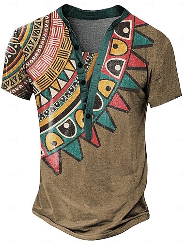  Herren Grafik Stammes Henley Hemd Kurzarm 3D-Druck Mode Designer Basic Täglich Sommer Königliches Blau Leicht Braun Khaki Stehkragen Henley T-Shirt