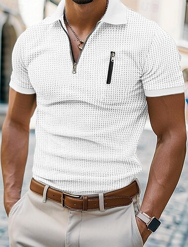  Herren Waffel-Poloshirt Zip Polo Casual Festtage Kargen Viertel Postleitzahl Kurzarm Old-Money-Stil Glatt Viertel Postleitzahl Sommer Regular Fit Weiß Gelb Marineblau Grün Waffel-Poloshirt