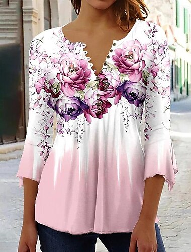  Damen Hemd Bluse Casual Blumenmuster Knöpfe Druck 3/4 Ärmel Normale Oberteile Rundhalsausschnitt Urlaub Alltag Rosa Blau Lila Frühling&amp; Sommer