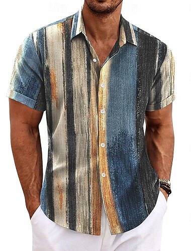  Voor heren Overhemd linnen overhemd retro-overhemden Vintage overhemd Etnisch shirt Gestreept Formeel Buiten blauw Korte mouw Strijkijzer Zomer Kleding