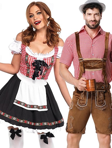  coppie oktoberfest birra costume dirndl vestito trachtenkleider lederhosen cameriera oktoberfest coppia tedesco monaco wiesn carnevale uomo donna stile tradizionale panno